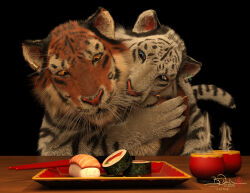  2024 3d_(artwork) ambiguous_gender anthro beverage blue_eyes chopsticks digital_media_(artwork) duo ear_piercing felid food hi_res hug looking_down mammal pantherine piercing sherwood signature sushi tiger yellow_eyes 