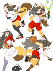  4_fingers anthro ball baseball_glove baseball_uniform basketball_(ball) bodily_fluids bottomwear breasts canid canine clothed clothing countershade_torso countershading female fingers footwear fox front_view fur grey_hair hair hi_res holding_basketball holding_object holding_tennis_racket kame_3 legwear long_hair mammal mask masked_fox_(kame_3) multiple_angles open_mouth orange_body orange_fur orange_tail pants shoes simple_background solo sportswear standing sweat tail tennis_racket thigh_highs topwear uniform white_background 