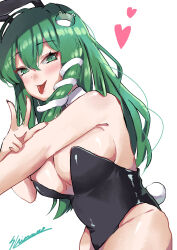  absurdres alternate_costume animal_ears artist_name black_leotard blush breasts cleavage cleavage_cutout closed_mouth clothing_cutout commentary_request detached_collar eyelashes fake_animal_ears fake_tail female fingernails frog_hair_ornament green_eyes green_hair hair_ornament heart heart_in_eye highleg highleg_leotard highres huge_breasts kochiya_sanae leotard long_fingernails long_hair looking_at_viewer playboy_bunny rabbit_ears rabbit_tail shiromoru_(yozakura_rety) sideboob signature simple_background snake_hair_ornament solo symbol_in_eye tail tongue tongue_out touhou w white_background 