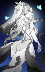  armlet ass birkai blue_background blue_butterfly bug butterfly commentary cowboy_shot dress female from_behind greyscale_with_colored_background hair_between_eyes highres jewelry long_hair looking_at_viewer median_furrow parted_lips purple_eyes sleeveless sleeveless_dress solo spot_color the_shorekeeper_(wuthering_waves) veil wuthering_waves 