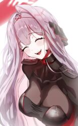  armored_bodysuit bodysuit closed_eyes female fwsa8goegh88202 goddess_of_victory:_nikke grey_bodysuit hair_intakes halo headgear highres mole mole_above_eye pink_hair rose_(nikke) simple_background smile solo string upper_body white_background 