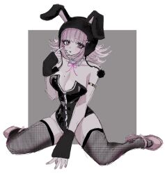  :o animal_ears animal_hood bare_shoulders black_leotard breasts cleavage danganronpa_(series) danganronpa_2:_goodbye_despair fake_animal_ears female fishnet_thighhighs fishnets highres hood large_breasts leotard mole mole_on_breast nanami_chiaki neck_ribbon official_alternate_costume pink_eyes pink_footwear playboy_bunny rabbit_ears rabbit_hood ribbon shoes spaceship_hair_ornament thighhighs uma_(npon_zinsei) white_background 