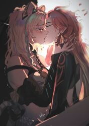  2girls animal_ears bare_shoulders black_bodysuit blonde_hair bodysuit closed_eyes commentary crying detached_sleeves earrings facing_another genshin_impact highres implied_fingering jaguar_ears jaguar_girl jaguar_tail jewelry kissing long_hair long_sleeves mavuika_(genshin_impact) multicolored_hair multiple_girls navel qingsi red_hair tail xilonen_(genshin_impact) yuri 