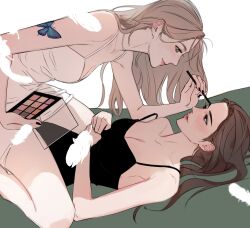  2girls absurdres arm_tattoo black_nails booleankite breasts brown_eyes brown_hair butterfly_tattoo character_request check_copyright closed_mouth copyright_request feathers highres lesbians_doing_makeup_(meme) light_brown_hair long_hair meme multiple_girls tattoo the_secret_of_us white_feathers yuri 