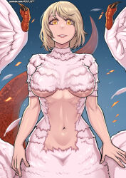  blonde_hair blue_background breasts chimera dungeon_meshi falin_touden falin_touden_(chimera) feathered_wings feathers female lizard_tail looking_at_viewer monster_girl navel parted_lips redjet short_hair spoilers straight-on tail underboob white_feathers wings yellow_eyes 