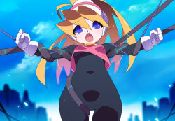  black_bodysuit blonde_hair blue_eyes blurry blurry_background bodysuit bodysuit_under_clothes ciel_(mega_man) commission cowboy_shot female high_ponytail kaidou_zx long_hair mega_man_(series) mega_man_zero_(series) outdoors pink_shirt pixiv_commission restrained shirt sleeveless sleeveless_shirt solo variant_set 