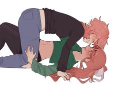  2girls absurdres black_pants black_shirt blue_pants breasts closed_eyes commentary denim doki_doki_literature_club green_eyes green_shirt hair_ribbon hand_on_another&#039;s_thigh hashtag-only_commentary highres jeans long_hair long_sleeves medium_breasts midriff monika_(doki_doki_literature_club) multiple_girls navel open_mouth orange_hair pants pink_hair pockiseisont ponytail ribbon sayori_(doki_doki_literature_club) shirt short_hair simple_background smile white_background white_ribbon yuri 