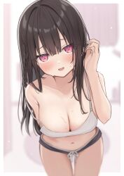  :d black_shorts blush braid breasts brown_hair camisole cleavage collarbone dolphin_shorts female large_breasts long_hair navel okiq original pink_eyes shorts side_braid smile solo spaghetti_strap sweatdrop white_camisole 