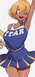  ;d arm_up armpits ayatak0517 blonde_hair blue_shirt blue_skirt brown_eyes cheerleader clothes_writing cowboy_shot dark-skinned_female dark_skin female gyaru highres komi-san_wa_komyushou_desu manbagi_rumiko one_eye_closed pom_pom_(cheerleading) shirt short_hair simple_background skirt smile solo sweat white_background 