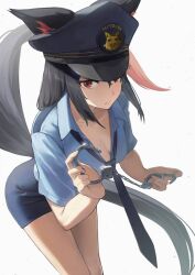  alternate_costume animal_ear_fluff animal_ears black_hair blue_hat blue_necktie blue_skirt breasts cleavage cuffs female fox_ears fox_girl fox_tail frown handcuffs hands_up hat highres holding holding_handcuffs hololive kurokami_fubuki leaning_forward long_hair looking_at_viewer low_ponytail medium_breasts miniskirt necktie peaked_cap police police_hat police_uniform policewoman red_eyes satellite999 sidelocks simple_background skirt solo tail v-shaped_eyebrows very_long_hair virtual_youtuber white_background 