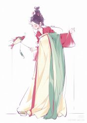  adiu bad_source breasts cleavage closed_eyes dress female fish flower hair_flower hair_ornament highres original polka_dot polka_dot_dress purple_hair qixiong_ruqun solo standing tall_hair tang_dynasty yellow_dress yellow_hanfu 