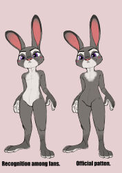  anthro blush bodily_fluids canon_conforming_body_shape comparison disney embarrassed english_text featureless_crotch female flat_chested frown fur grey_body grey_fur hi_res judy_hopps lagomorph leporid mammal model_sheet purple_eyes rabbit simple_background solo standing sweat sweatdrop text thick_thighs white_body white_fur zigrock001 zootopia 