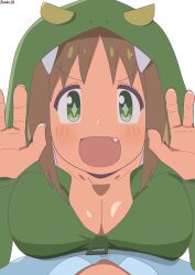  1boy :d absurdres aged_up alternate_breast_size artist_name bambi2000line breasts brown_hair cleavage commentary cowgirl_position diamond-shaped_pupils diamond_(shape) dinosaur_hood female green_eyes hands_up highres hood hood_up large_breasts looking_at_viewer lying_on_person oerba_yun_fang oka_asahi onii-chan_wa_oshimai! open_mouth pov simple_background smile solo_focus symbol-shaped_pupils white_background zipper_pull_tab 