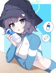  blue_archive blue_background bottle breasts drink female green_eyes green_halo hair_between_eyes halo hat highres holding holding_bottle holding_drink hyakucha large_breasts looking_at_viewer medium_hair official_alternate_costume purple_hair saki_(blue_archive) saki_(swimsuit)_(blue_archive) solo thighs three-toned_background white_background 