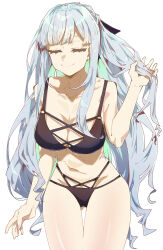  ak-12_(girls&#039;_frontline) bare_shoulders bikini black_bikini breasts cleavage closed_eyes closed_mouth collarbone cowboy_shot e_sky_rugo female girls&#039;_frontline grey_hair highres holding holding_own_hair large_breasts long_hair multi-strapped_bikini_bottom shiny_skin sidelocks smile solo swimsuit thighs 