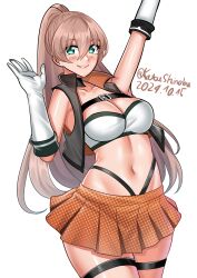  absurdres alternate_costume arm_up breasts brown_eyes cleavage cowboy_shot dated female gloves green_eyes hair_between_eyes highres kantai_collection katou_shinobu kumano_(kancolle) large_breasts lips long_hair navel orange_skirt parted_bangs pleated_skirt race_queen simple_background skirt smile solo twitter_username waving white_background white_gloves 