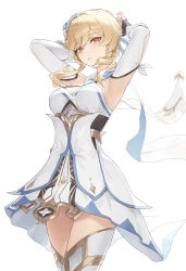  armpits arms_up blonde_hair breasts cleavage commentary cotta_(heleif) cowboy_shot detached_sleeves dress female flower genshin_impact hair_flower hair_ornament highres large_breasts long_hair looking_at_viewer lumine_(genshin_impact) parted_lips simple_background solo thighhighs thighs white_background white_dress white_flower white_sleeves white_thighhighs yellow_eyes 