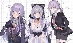  alternate_costume animal_ears black_choker black_gloves black_ribbon black_skirt braid brown_necktie cat_ears character_name choker collarbone collared_shirt danganronpa:_trigger_happy_havoc danganronpa_(series) danganronpa_3_(anime) enmaided fake_animal_ears female gloves hair_ribbon hand_up highres jacket long_hair long_sleeves maid maid_headdress monokuma multiple_views necktie parted_lips pencil_skirt pink_eyes pink_hair ponytail puffy_short_sleeves puffy_sleeves purple_jacket ribbon shima_(fm_90mhz) shirt short_sleeves side_braid skirt smile teeth white_background 