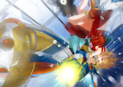  1boy absurdres alia_(mega_man) arm_cannon bare_shoulders blonde_hair blue_eyes breasts dress electricity falcon_armor_x_(mega_man) falling female forehead_jewel green_eyes highres large_breasts lilinebaka medium_hair mega_man_(series) mega_man_x_(series) powering_up red_dress upside-down weapon x_(mega_man) 