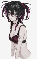  black_bra black_eyes black_hair blush bra breasts cleavage collarbone cropped_arms cropped_torso female grey_eyes hair_between_eyes hair_ornament highres imai_akira licking_lips looking_at_viewer medium_breasts medium_hair multicolored_hair oerba_yun_fang open_mouth original pink_hair purple_bra purple_hair scar scar_on_arm self-harm_scar simple_background skin_fang smile solo tongue tongue_out two-tone_hair two_side_up underwear upper_body white_background 