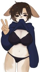  artist_name black_bra black_eyes black_hoodie black_panties bra breasts brown_hair clothes_lift cowboy_shot female hand_up highres hood hood_down hoodie hoodie_lift large_breasts navel original panties short_hair simple_background smile solo stomach underwear v white_background yoako 