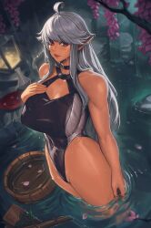  absurdres ahoge bare_shoulders black_choker breasts bucket choker cleavage dark_elf elf english_commentary eyebrows_hidden_by_hair female from_above gatery grey_hair hair_over_shoulder hand_on_own_chest highres lantern large_breasts long_hair looking_at_viewer one-piece_swimsuit onsen partially_submerged petals pointy_ears reanette_elfelt red_eyes red_hair rock shinmai_ossan_bokensha solo swimsuit tan water wet wooden_bucket 