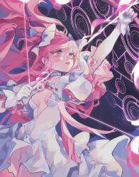  bow bow_(weapon) cleavage_cutout clothing_cutout commentary_request drawing_bow dress female gloves hairbow highres holding holding_bow_(weapon) holding_weapon kaname_madoka long_hair looking_ahead mahou_shoujo_madoka_magica mahou_shoujo_madoka_magica_(anime) miihanatochan pink_hair solo space star_(sky) two_side_up ultimate_madoka very_long_hair vietnamese_commentary weapon white_bow white_dress white_gloves 