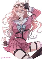  absurdres antenna_hair artist_name barbed_wire black_choker breasts brown_gloves choker danganronpa_(series) danganronpa_v3:_killing_harmony female fingerless_gloves gloves grin hair_between_eyes highres iruma_miu large_breasts miniskirt moti_gome0023 o-ring pink_shirt pleated_skirt sailor_collar shiny_skin shirt simple_background skirt smile solo teeth white_background white_sailor_collar 