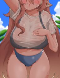  absurdres animal_ear_fluff animal_ears arm_up black_bra blue_buruma blush bra breasts brown_hair buruma cleavage cloud deer_ears deer_girl diana_(trickcal) eyes_out_of_frame female gym_uniform hand_on_own_chest highres large_breasts leaning_forward long_hair midriff navel open_mouth outdoors revermam12 shirt short_sleeves sky solo sweat thighs trickcal underwear very_long_hair wet wet_clothes wet_shirt white_shirt 