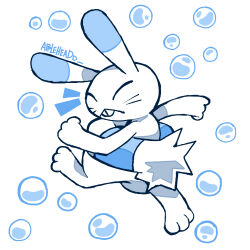  2024 2024_pokemon_gigaleak 3_fingers 3_toes ambiguous_gender appleheadd beta_pokemon_games blue_body blue_fur bubble buckteeth closed_eyes english_description feet fingers fur hi_res lagomorph mammal nintendo pokemon signature simple_background solo tail teeth toes warabbit white_background white_body white_fur 