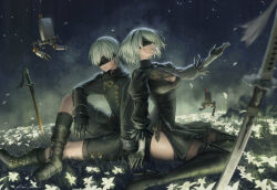  2b_(nier:automata) 2girls 9s_(nier:automata) back-to-back black_blindfold black_dress black_footwear black_gloves black_jacket black_shorts blindfold boots breasts cleavage cleavage_cutout closed_mouth clothing_cutout covered_eyes crossed_legs dress field flower flower_field gloves headband highres ioriwu8 jacket long_sleeves medium_breasts multiple_girls nier:automata nier_(series) night outdoors planted planted_sword pod_(nier:automata) short_dress short_hair shorts side_slit sitting skindentation sword thigh_boots weapon white_hair 