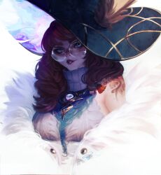  absurdres animal_ears aurora_(league_of_legends) breasts colored_skin female glasses hat highres large_breasts league_of_legends multicolored_skin rabbit_ears red_lips red_skin round_eyewear smile solo sophyucha teeth two-tone_skin upper_body witch_hat 