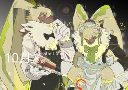  anthro bandai_namco bow_tie bowing butler clothing digimon digimon_(species) dress duo fluffy_chest fur guil87645127 hi_res long_ears maid_uniform male ponytail_ears symbareangoramon uniform yellow_body yellow_fur 