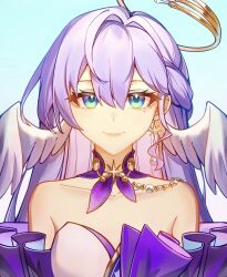  bare_shoulders blue_background blue_eyes breasts chinese_commentary collar collarbone commentary_request detached_collar detached_sleeves earrings female hair_between_eyes halo head_wings highres honkai:_star_rail honkai_(series) jewelry large_breasts long_hair looking_at_viewer portrait purple_collar purple_hair purple_sleeves robin_(honkai:_star_rail) simple_background slowfrost solo straight-on wings 