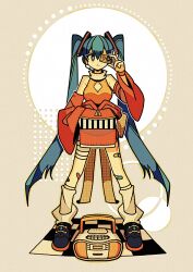  alternate_costume aqua_hair armpit_crease back_bow bandaged_leg bandages bandaid bandaid_on_knee bandaid_on_leg bandaid_on_thigh bare_shoulders black_footwear blue_eyes blue_hair boombox bow breasts bright_pupils brown_background cassette_tape checkered_floor circle cleavage cleavage_cutout closed_mouth clothing_cutout clothing_request commentary covering_one_eye detached_sleeves double-parted_bangs female full_body hair_between_eyes hair_ornament hand_up hatsune_miku headphones headset high_collar highres holding holding_cassette large_bow leg_warmers long_hair long_sleeves looking_at_viewer medium_breasts multicolored_background multicolored_hair orange_shirt outline polka_dot polka_dot_bow polka_dot_ribbon red_sleeves red_wristband ribbon shirt shoes simple_background sleeveless sleeveless_shirt smile solo standing stereo straight-on tenteko_mai51 thick_eyelashes twintails two-tone_hair very_long_hair vocaloid white_background white_leg_warmers white_outline white_pupils wide_sleeves yellow_bow yellow_outline yellow_ribbon 