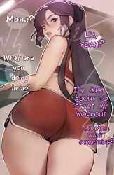  ass black_hair blue_eyes blush english_commentary english_text female from_behind genshin_impact holy_meh indoors long_hair looking_at_viewer mona_(genshin_impact) red_shorts red_sports_bra shorts solo speech_bubble sports_bra sportswear thighs 