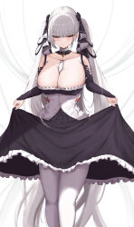  absurdres azur_lane bare_shoulders between_breasts black_dress breasts cleavage commentary curtsey dress earrings expressionless feet_out_of_frame female formidable_(azur_lane) frilled_dress frills grey_hair hair_ribbon highres jewelry large_breasts long_hair long_sleeves looking_at_viewer necktie necktie_between_breasts pantyhose red_eyes ribbon samidarekinoko sidelocks simple_background skirt_hold solo standing twintails two-tone_ribbon very_long_hair white_background white_pantyhose 