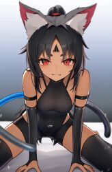  absurdres animal_ear_fluff animal_ears black_hair cable cable_tail cat_ears cat_girl closed_mouth commentary dark-skinned_female dark_skin facial_mark female forehead_mark gradient_background highres light_blush long_hair looking_at_viewer mechanical_tail multiple_tails nekomiya_mana oerba_yun_fang parted_bangs red_eyes shadow sidelocks simple_background smile solo tail thomas_8000 two_tails variant_set zenless_zone_zero 