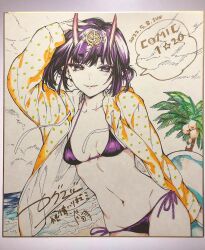  beach bikini breasts eyeliner fate/grand_order fate_(series) female headpiece horns jacket kaguyuzu looking_at_viewer makeup navel ocean oni open_clothes open_jacket palm_tree photo_(medium) purple_bikini purple_eyes purple_hair shikishi short_hair shuten_douji_(fate) side-tie_bikini_bottom skin-covered_horns small_breasts smile solo swimsuit traditional_media tree water wind 