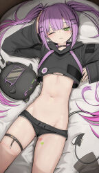  bibi_(tokoyami_towa) bikini bikini_under_clothes black_bikini black_choker choker closed_mouth cropped_sweater demon_tail female genek green_eyes hand_on_own_head highres hololive long_hair looking_at_viewer lying micro_shorts navel oerba_yun_fang on_back one_eye_closed piercing pink_hair purple_hair shorts skin_fang swimsuit tail tail_ornament tail_piercing thigh_strap tokoyami_towa twintails virtual_youtuber 