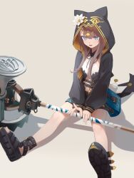  :d absurdres ankh arknights belt black_belt black_jacket black_ribbon brown_background brown_hair chest_belt eyes_visible_through_hair female flower full_body gold grey_eyes hair_between_eyes hammer hashtag-only_commentary head_chain high_belt highres holding holding_weapon hood hood_up hooded_jacket infection_monitor_(arknights) jacket jewelry long_hair looking_at_viewer navel neck_ribbon open_clothes open_jacket open_mouth pepe_(arknights) ribbon sandals shoe_soles sidelocks simple_background sitting smile solo teay_(ttttteay) two-sided_fabric two-sided_jacket weapon white_flower yellow_jacket 