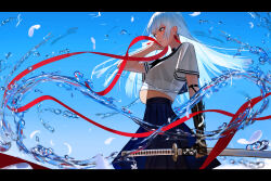  absurdres black_bra blue_background blue_sailor_collar blue_skirt bra bra_visible_through_clothes breasts check_clothing clothing_request commentary cowboy_shot earrings english_commentary female ganet_p highres holding holding_sword holding_weapon jewelry katana long_hair looking_ahead medium_breasts midriff original sailor_collar scabbard school_uniform sheath sheathed shirt skirt solo straight_hair sword underwear weapon white_hair white_shirt 