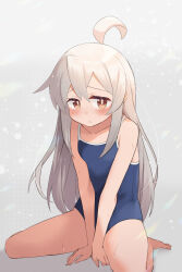  :&lt; ahoge bare_arms bare_legs bare_shoulders barefoot between_legs blue_one-piece_swimsuit blush breasts brown_eyes collarbone commentary female frown grey_background hand_between_legs highres long_hair looking_at_viewer nakami_chihiro one-piece_swimsuit onii-chan_wa_oshimai! oyama_mahiro school_swimsuit simple_background sitting small_breasts solo swimsuit v_arms wariza white_hair 