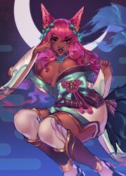  ahri_(league_of_legends) alternate_skin_color animal_ear_fluff animal_ears bare_shoulders bell blacktober breasts breasts_apart commentary dark-skinned_female dark_skin english_commentary facial_mark female fox_ears fox_tail hair_bell hair_ornament highres japanese_clothes jingle_bell kimono large_breasts league_of_legends long_hair looking_at_viewer lying lyr_(lurrkingly) multiple_tails on_back painterly pink_hair seductive_smile smile solo spirit_blossom_(league_of_legends) spirit_blossom_ahri tail whisker_markings zettai_ryouiki 