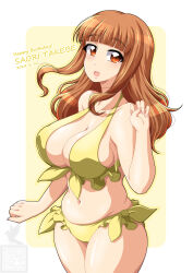  artist_logo bikini birthday blunt_bangs breasts character_name commentary cowboy_shot dated english_text female front-tie_bikini_top front-tie_top girls_und_panzer halterneck happy_birthday highres ichijou_takakiyo large_breasts long_hair looking_at_viewer navel open_mouth orange_eyes orange_hair side-tie_bikini_bottom smile solo standing swimsuit takebe_saori yellow_background yellow_bikini 