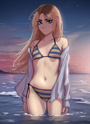  absurdres black_eyes blonde_hair female highres jessie_(veyonis) long_hair moon navel ocean original shirt sky solo swimsuit thighhighs veyonis white_shirt 