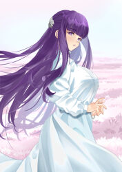  absurdres blunt_bangs breasts bright_pupils commentary dress female fern_(sousou_no_frieren) highres large_breasts long_dress long_hair meisaki own_hands_together parted_lips pink_lips purple_eyes purple_hair simple_background solo sousou_no_frieren standing very_long_hair white_background white_dress white_pupils 