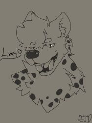  absurd_res anthro big_teeth bust_portrait digital_media_(artwork) front_view fur futuretemp headshot_portrait hi_res hyena ibispaint_(artwork) liam_(futuretemp) line_art male mammal neck_tuft no_shading open_mouth portrait simple_background smile solo spots spotted_hyena teeth text tongue tuft 