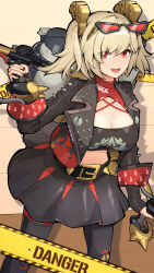  :d absurdres belt black_belt black_gloves black_jacket black_skirt black_thighhighs blonde_hair breasts burnice_white cleavage commentary_request eyewear_on_head female fingerless_gloves fingernails flamethrower gloves highres holding holding_flamethrower holding_weapon jacket jiuchong_ying_fengxue long_sleeves looking_at_viewer medium_breasts midriff navel open_clothes open_jacket open_mouth red_eyes short_hair skirt smile sunglasses teeth thighhighs twintails upper_teeth_only weapon zenless_zone_zero 