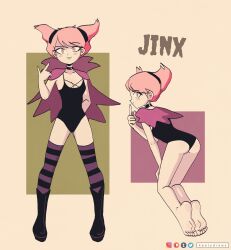  absurdres barefoot black_footwear black_leotard blush breasts dc_comics female full_body green_background highres jinx_(dc) keetydraws leotard multiple_views pink_eyes pink_hair smile striped_clothes striped_thighhighs teen_titans thighhighs 